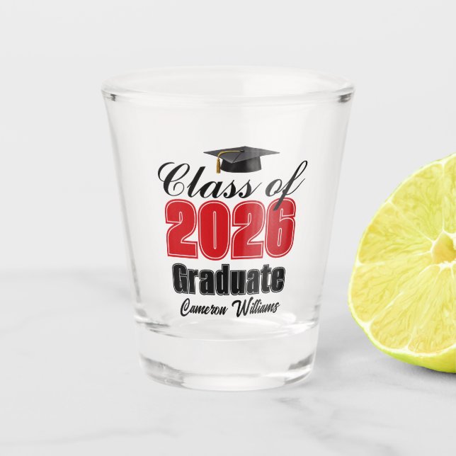 Personalized Red Class of 2026 Graduation Party Shot Glass (Front)