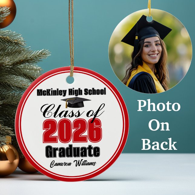 Personalized Red Class of 2026 Graduation Photo Ceramic Ornament (Creator Uploaded)