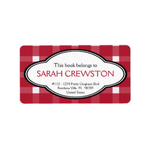 Personalized Red Country Gingham Print Bookplate Label