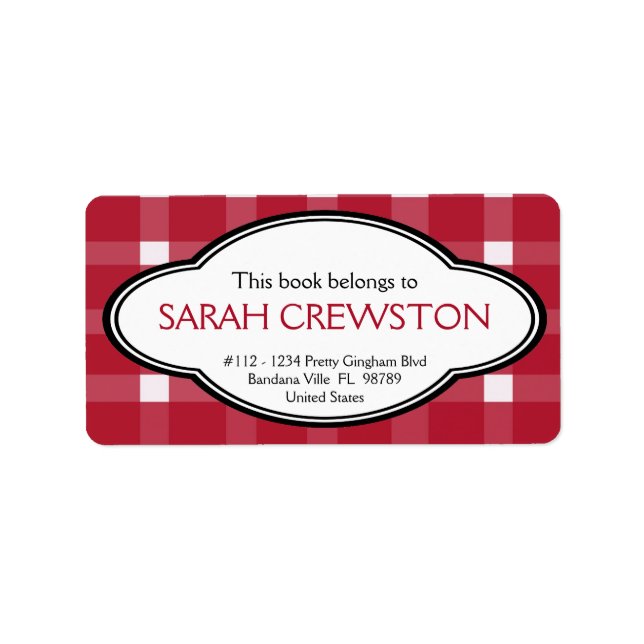 Personalized Red Country Gingham Print Bookplate Label (Front)