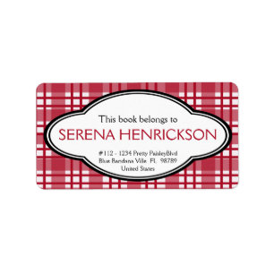 Personalized Red Country Plaid Print Bookplate Label