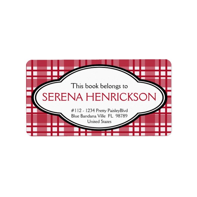 Personalized Red Country Plaid Print Bookplate Label (Front)