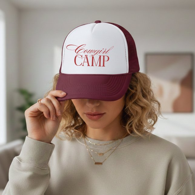 Personalized Red Cowgirl Camp Bachelorette Trucker Hat (Western Cowgirl Camp Red Bachelorette Trucker Hat)