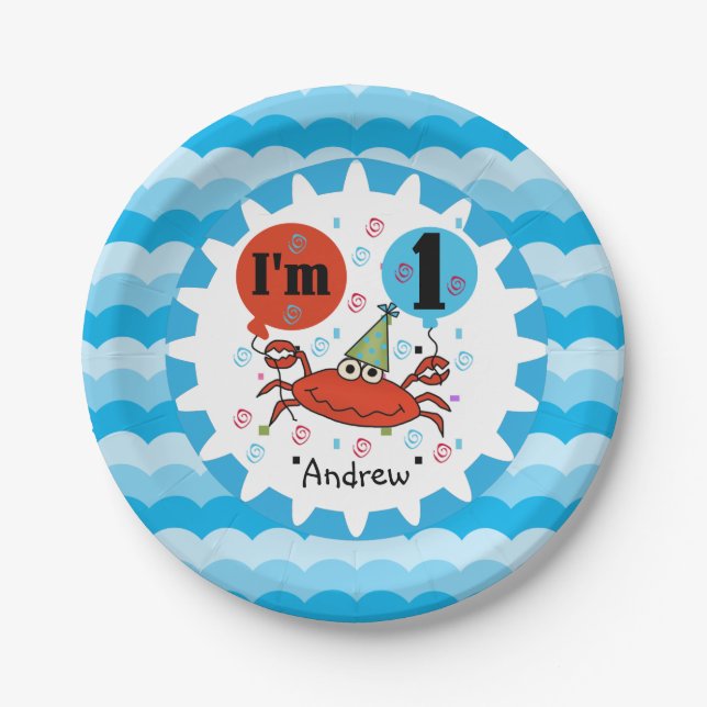Personalized Red Crab 1st Birthday Paper Plates (Front)