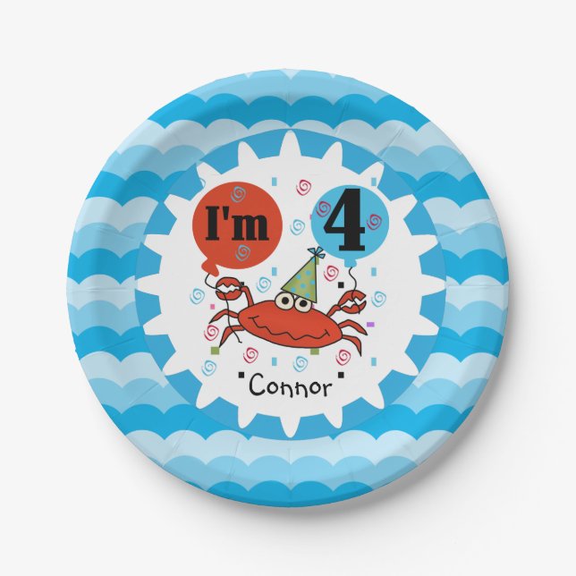 Personalized Red Crab 4th Birthday Paper Plates (Front)