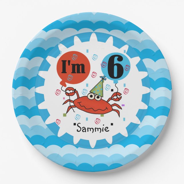 Personalized Red Crab 6th Birthday Paper Plates (Front)