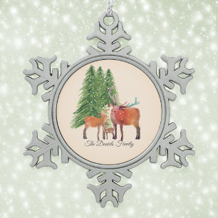 Personalized Red Deer Family Snowflake Pewter Christmas Ornament