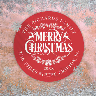 Personalized Red Elegant Classic Merry Christmas Round Sticker