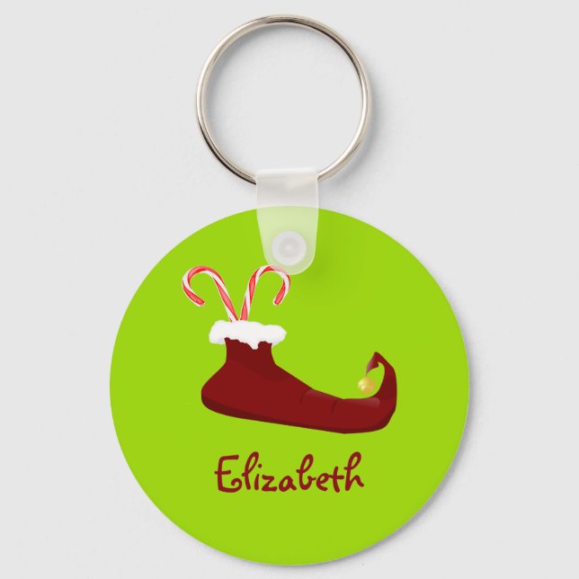 Personalized Red Elf Shoe filled with Candy Canes Keychain (Front)
