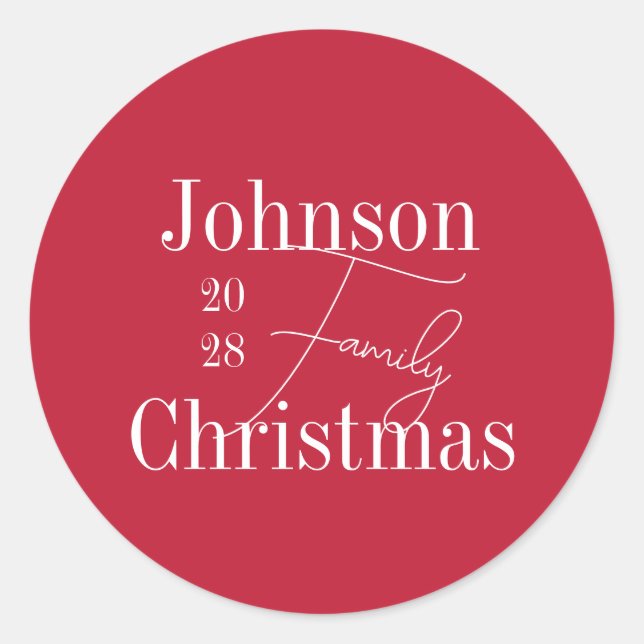 Personalized Red Family Name Christmas Classic Round Sticker (Front)