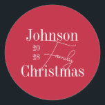 Personalized Red Family Name Christmas Classic Round Sticker<br><div class="desc">This is a simple and stylish, Christmas Party design. It is in festive red and white, with a modern design and contemporary typography. It has the message "Johnson Family Christmas", with space for you to add your family name and year of celebration. Perfect for a festive family celebration, dinner or...</div>