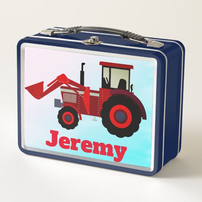 Personalized Red Farm Tractor Metal Lunch Box (Front)