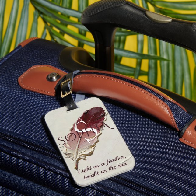 Personalized Red Feather Custom Name Monogram Luggage Tag (Front Insitu 1)