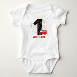 Personalized Red Fire Truck Birthday Party  Baby Bodysuit