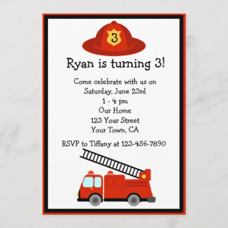 Personalized Red Fire Truck Birthday Party Invite
