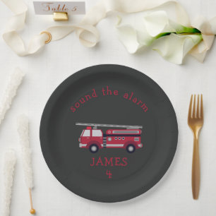 Personalized Red Fire truck Party Paper Plate