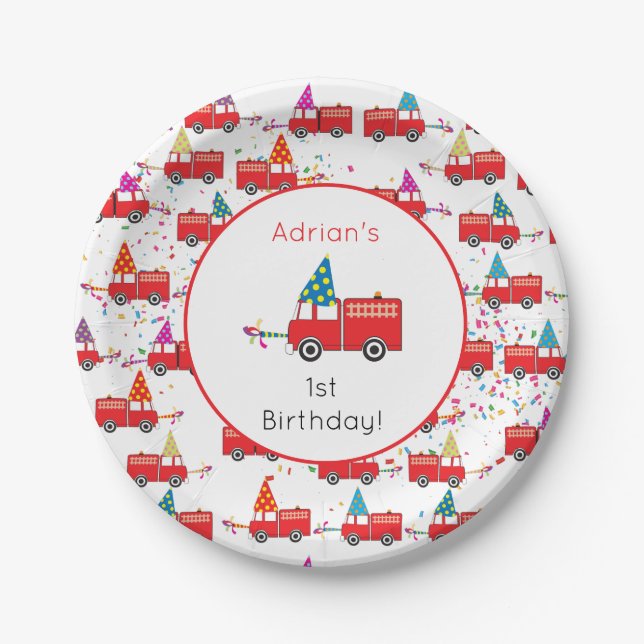 Personalized Red Fire Truck Party Pattern Birthday Paper Plate (Front)