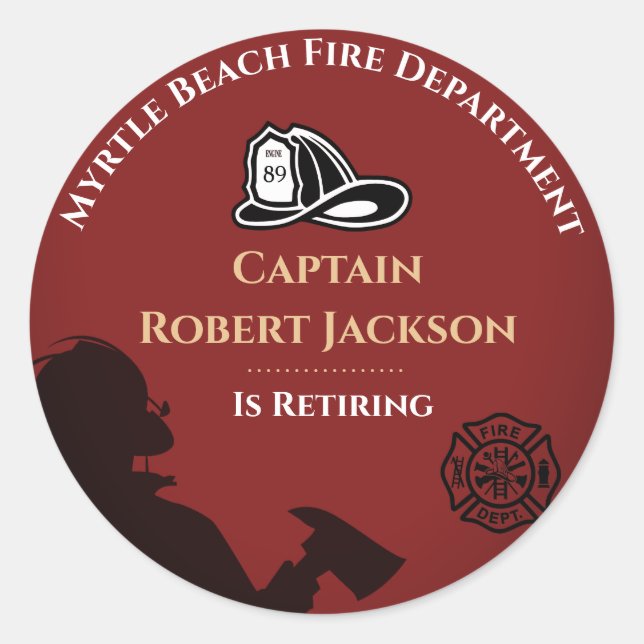 Personalized Red Firefighter Retirement Party   Classic Round Sticker (Front)