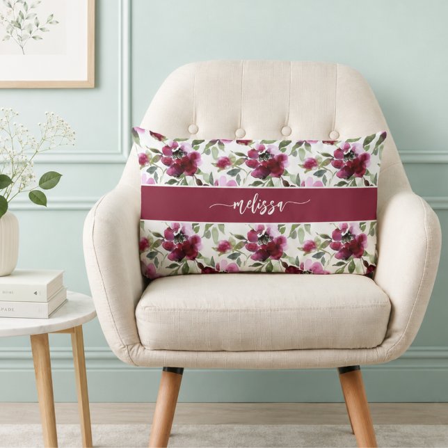 Personalized Red Floral Lumbar Pillow (personalized burgundy red floral lumbar pillow with custom name monogram)