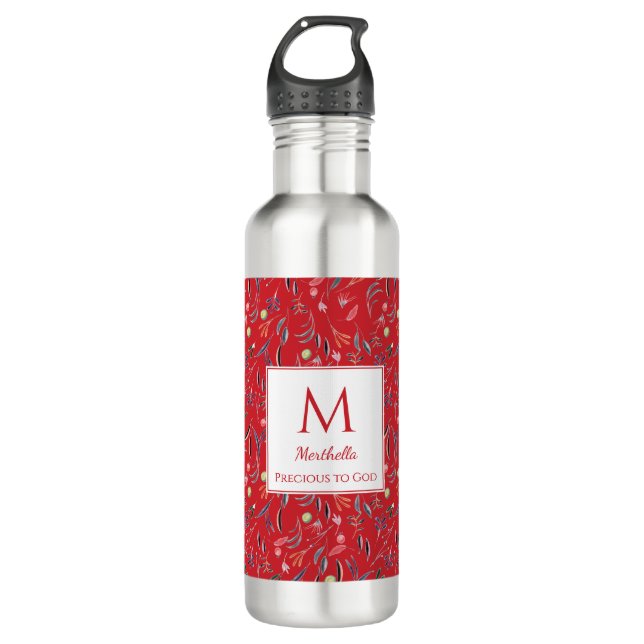 Personalized RED Floral Monogram 710 Ml Water Bottle (Front)