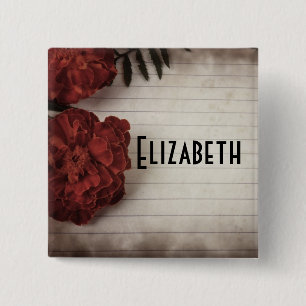 Personalized Red Floral on faded Lined Paper 2 Inch Square Button