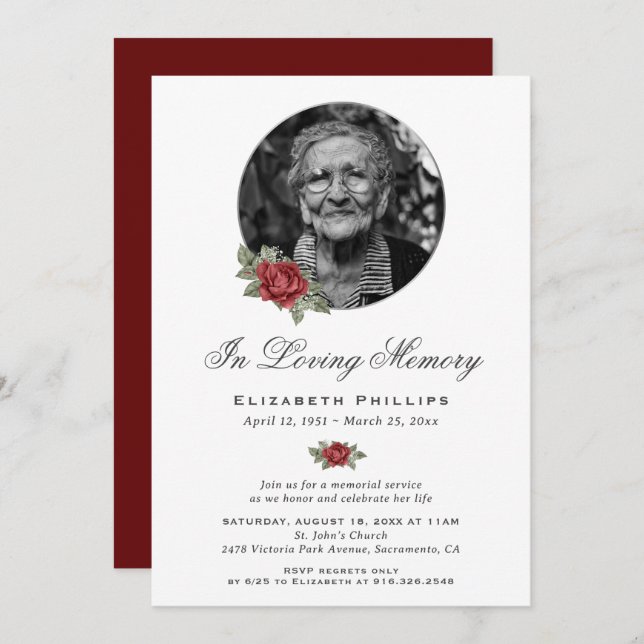 Personalized Red Floral Photo Memorial Service Invitation (Front/Back)