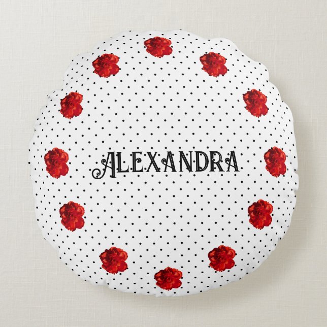 Personalized Red Floral Polka Dot Round Pillow (Front)