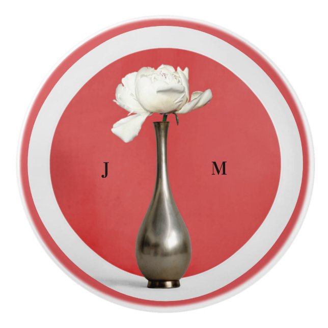 Personalized Red Floral Vase Ceramic Knob (Front)