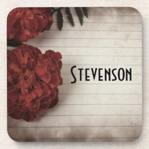 Personalized Red Flower on Lined Paper Autumn Coaster