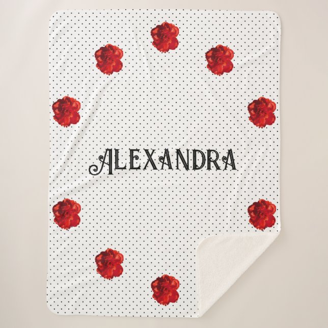 Personalized Red Flower Polka Dot Sherpa Blanket (Front)
