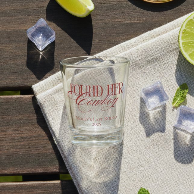 Personalized Red Found Her Cowboy Bachelorette Shot Glass (Found Her Cowboy Western Bachelorette Shot Glass)