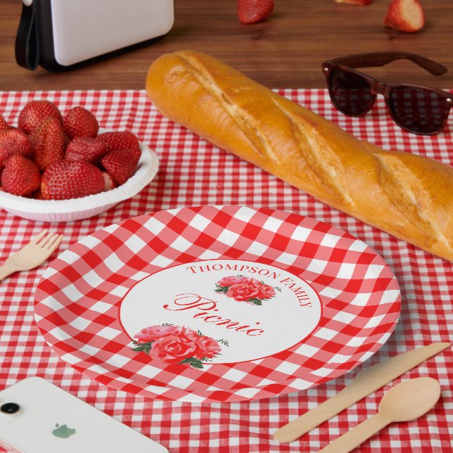 Personalized Red Gingham Buffalo Picnic Paper Plate (Picnic)