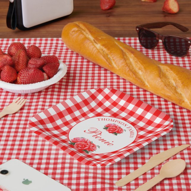 Personalized Red Gingham Buffalo Picnic Square Paper Plate (Picnic)