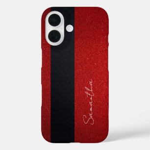 Personalized Red Glitter and Black Stripe iPhone 16 Case