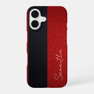 Personalized Red Glitter and Black Stripe iPhone 16 Case