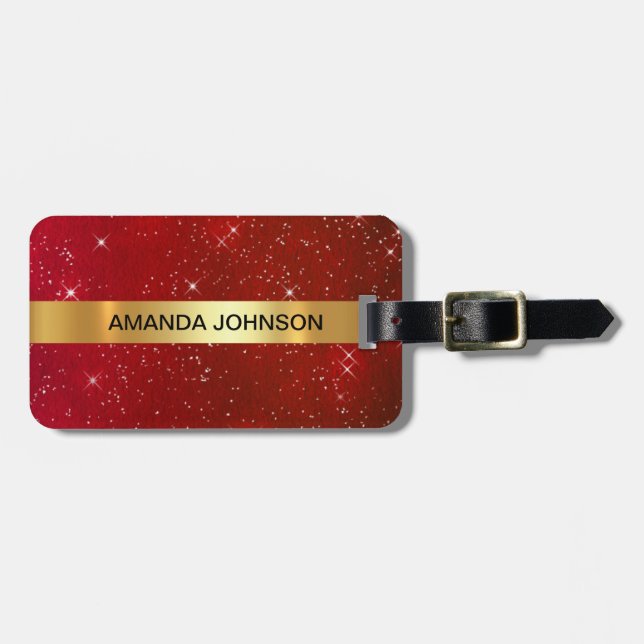 Personalized Red Glitter Golden Luggage Tag (Front Horizontal)