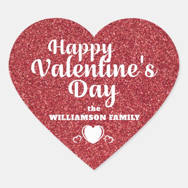Personalized Red Glitter Happy Valentine's Day Heart Sticker (Front)