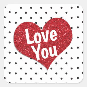 Personalized Red Glitter Heart with Polka Dots Square Sticker