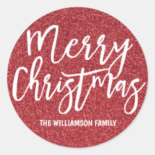 Personalized Red Glitter Merry Christmas Classic Round Sticker