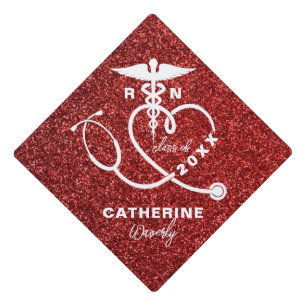 Personalized Red Glitter Nursing School RN Graduation Cap Topper