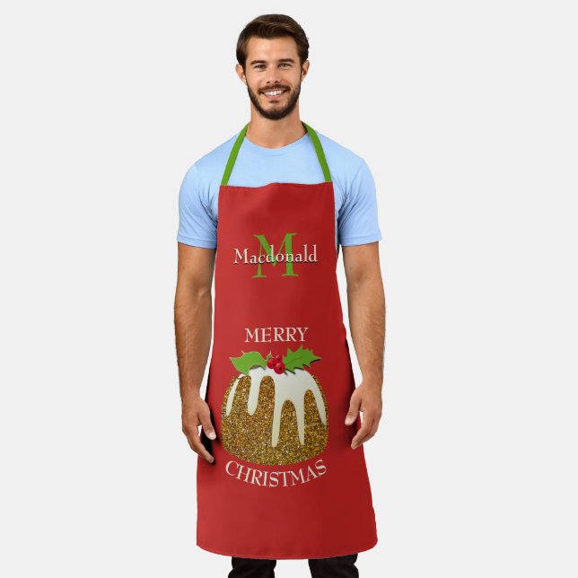 Personalized Red Glitter Pudding Christmas Apron (Worn)