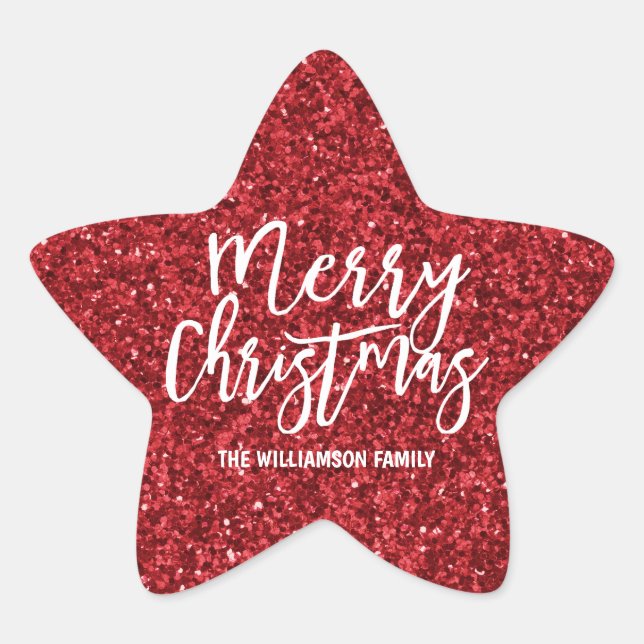 Personalized Red Glitter & White Merry Christmas Star Sticker (Front)