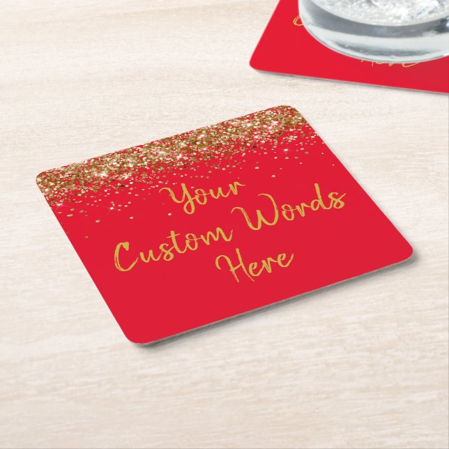 Personalized Red & Gold Birthday Party Anniversary Square Paper Coaster (Angled)