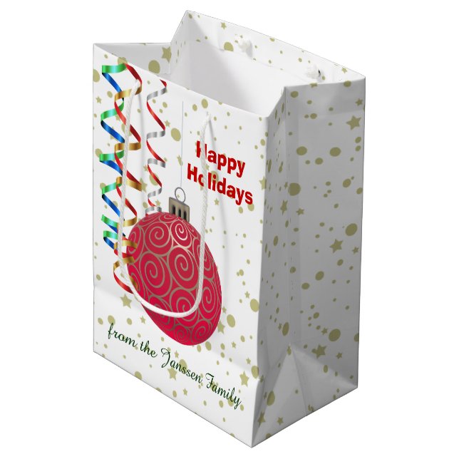 Personalized Red Gold Bulb Confetti Medium Gift Bag (Front Angled)
