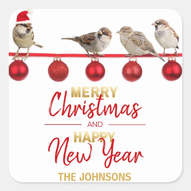 Personalized Red Gold Christmas Happy New Year Square Sticker (Front)