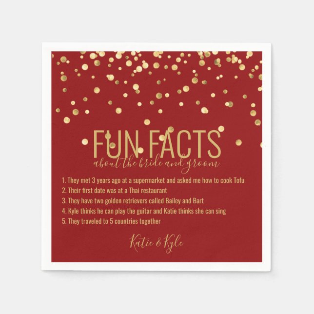 Personalized RED Gold Confetti FUN FACTS Napkin (Front)