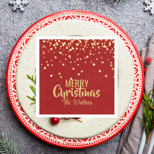 Personalized RED Gold Confetti Merry Christmas Napkin