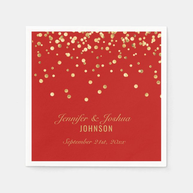 Personalized RED Gold Confetti Wedding Napkin (Front)