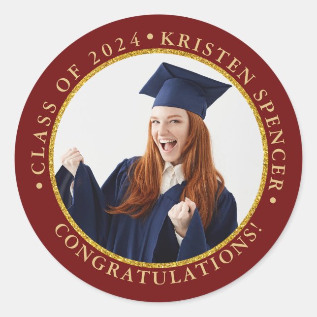 Personalized Red Gold Graduate Photo Graduation Classic Round Sticker (Front)