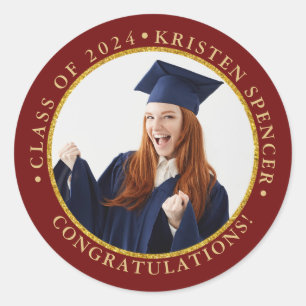 Personalized Red Gold Graduate Photo Graduation Classic Round Sticker